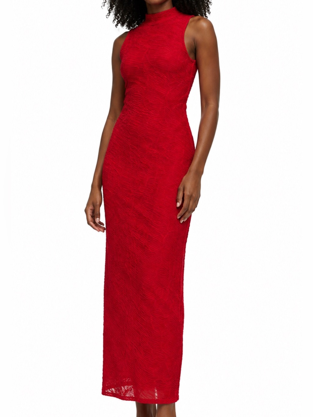 House of Harlow 1960 Sleeveless Textured Mock Neck Bodycon Cherry Red Maxi Dress